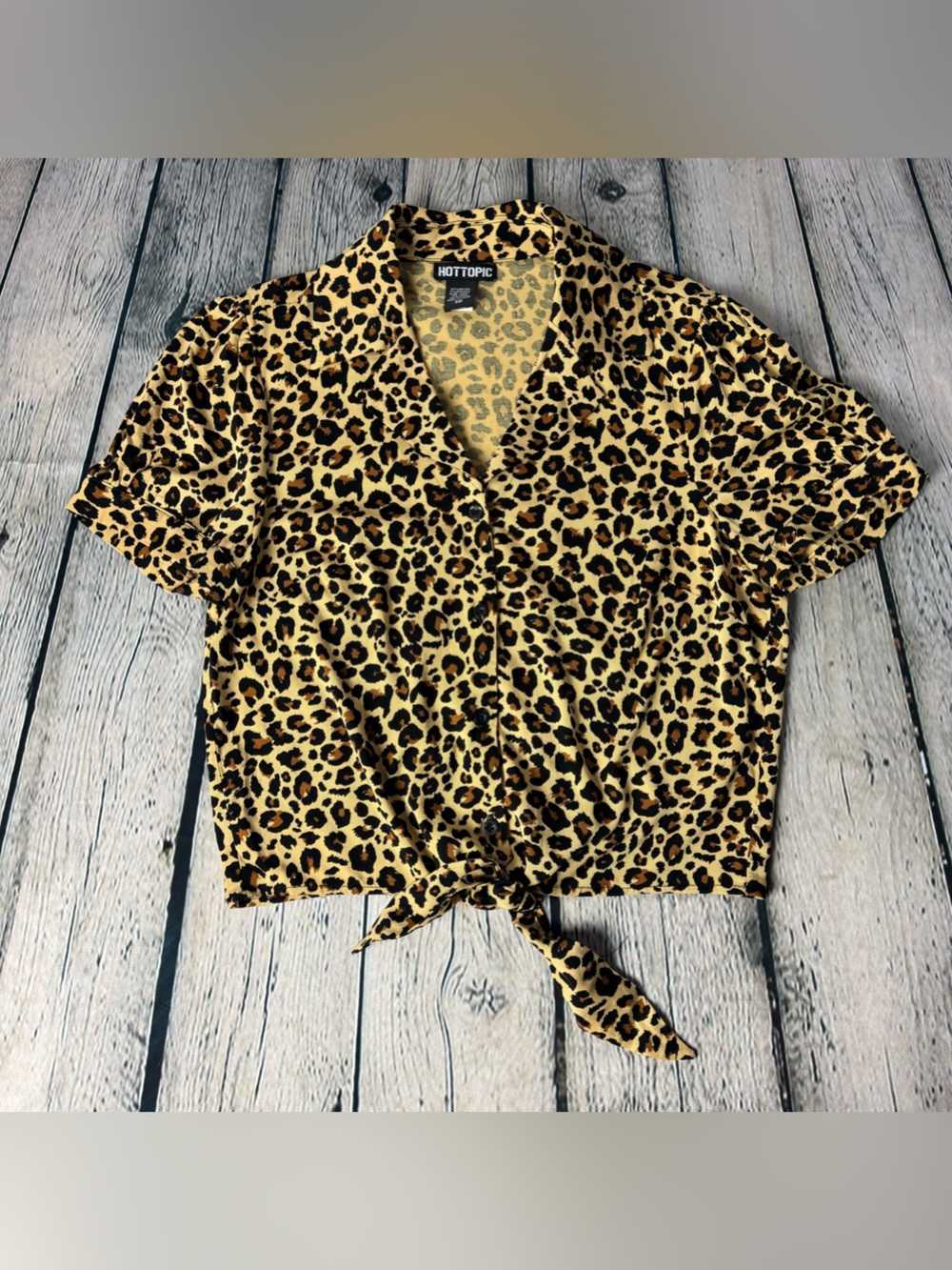 Hot Topic Leopard Print Tie-Front Button Up Retro Pin-Up Style Crop Top Size S